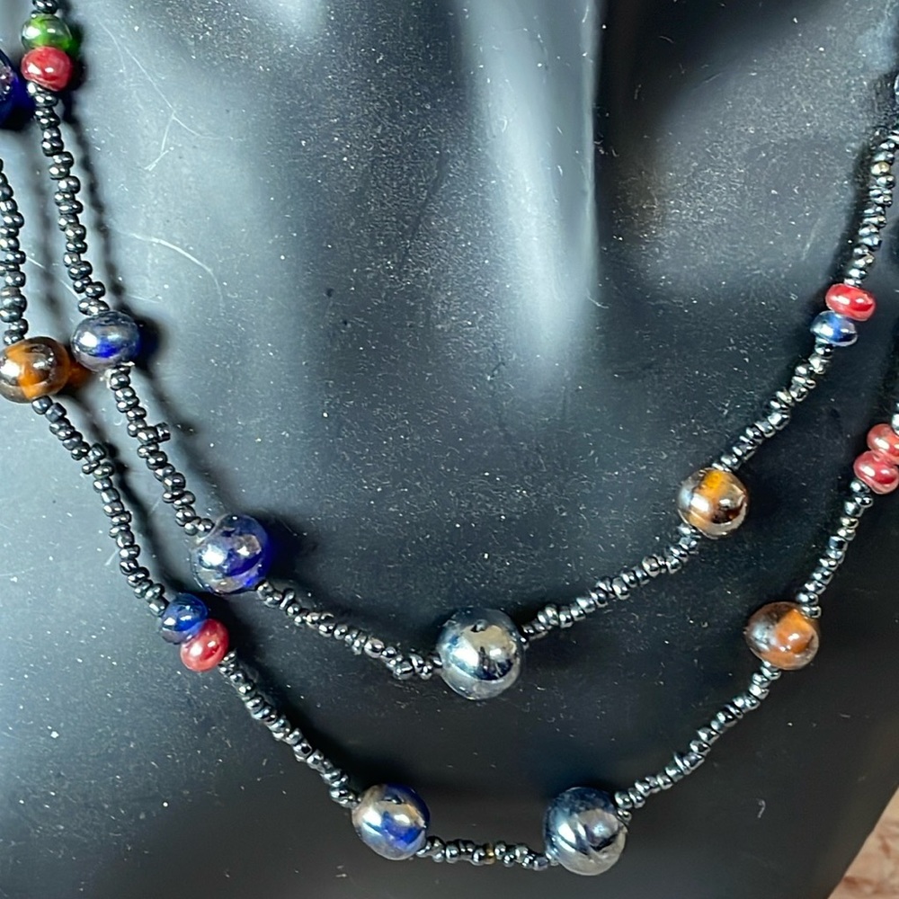 EUC Women’s Long Double Stranded Blue Iridescent Multiple Size Beaded Necklace